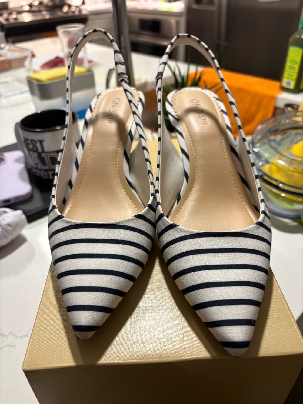 Striped Pointed-Toe Slingback Flats in White and Navy